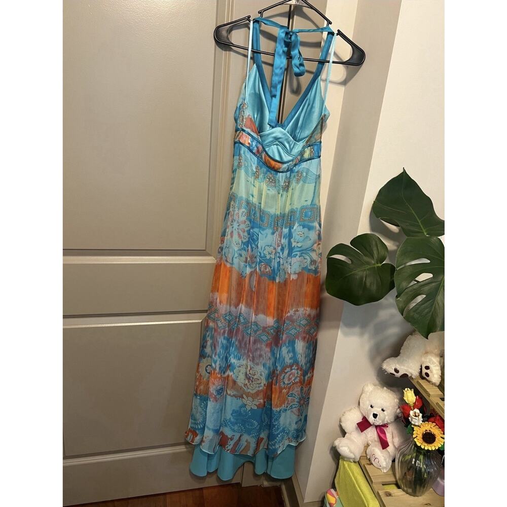 Sue Wong Blue Beaded Watercolor Floral Silk Blend Halter Maxi Dress Size 4 - Picture 5 of 9